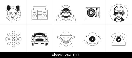 Personnage de dessin animé monochrome rétro psychédélique groovy et illustration vectorielle de jeu d'icônes de ligne d'élément. Masque monstre Surreal Fox vintage magnétophone Re Illustration de Vecteur