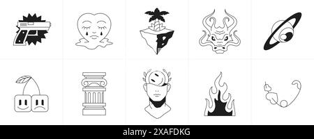 Rétro groovy personnages de dessin animé psychédélique et éléments monochrome line icône set illustration vectorielle. Palmier insulaire de sculpture funky funky surréaliste Illustration de Vecteur