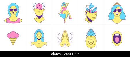 Sticker comique trendy psychédélique drôle personnages de bande dessinée nourriture et éléments groovy icône set illustration plate vectorielle. Surréaliste pop art rétro femme scul Illustration de Vecteur