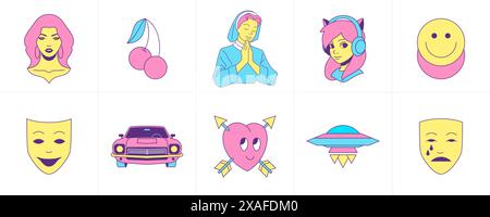 Surréaliste comique emoji psychédélique funky personnages et éléments de dessin animé groovy icône set illustration plate vectorielle. Trendy symboles drôles femme Cherry nonne Illustration de Vecteur