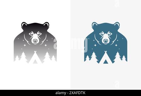 Bear Night camping avec la forêt double exposition effet vintage design pour t-shirt imprimé poster illustration plate vectorielle. Bois d'animal carnivore sauvage n Illustration de Vecteur