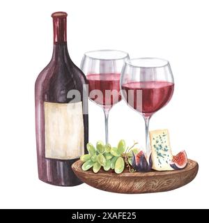 Verre de vin, raisins et fromage dorblu. Illustration d'aquarelle dessinée à la main, isolée sur fond blanc. Pour le menu du restaurant, le design, l'emballage Banque D'Images