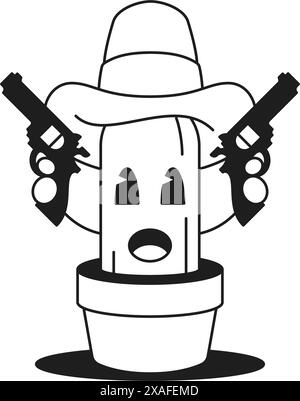 Y2K cactus WESTERN cow-boy dans le chapeau avec la ligne monochrome monochrome de pistolet rétro groovy illustration vectorielle. Plante d'intérieur en pot drôle avec sifflement de pistolet Illustration de Vecteur