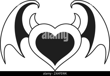 Y2K Devil Heart avec des cornes et des ailes de chauve-souris Halloween ligne monochrome rétro groovy icône illustration vectorielle. Symbole d'élément de dessin animé de vampire maléfique de Illustration de Vecteur