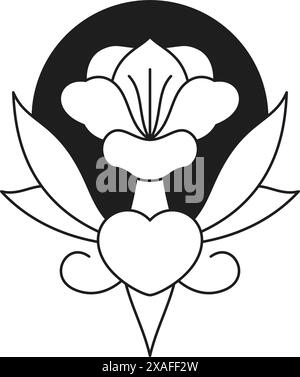 Y2K ancienne fleur de mythologie avec symbole de coeur de ligne monochrome d'amour rétro groovy icône illustration vectorielle. Antique mystique sacré dessin animé floral ele Illustration de Vecteur