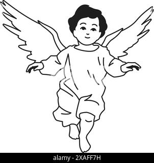 Y2K mignon bébé garçon volant ange sacré sacré personnage de dessin animé religieux monochrome ligne rétro groovy icône illustration vectorielle. Adorable petit k ailé Illustration de Vecteur