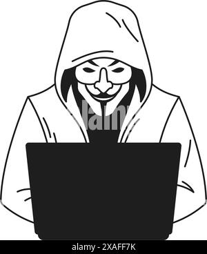 Y2K homme hacker dans le capot utilisez ordinateur portable cyber crime Web attaque monochrome ligne rétro groovy icône illustration vectorielle. Homme moderne travaillant sur les cybers informatiques Illustration de Vecteur