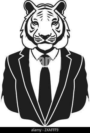 Y2K tigre homme d'affaires en costume de cravate psychédélique monochrome ligne rétro groovy icône illustration vectorielle. Animal sauvage prédateur félin bizarre mode busine Illustration de Vecteur