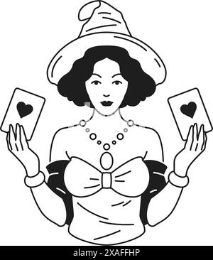 Y2K femme magicien avec carte à jouer coeur amour monochrome ligne rétro groovy icône illustration vectorielle. Sorcière féminine exécutant Trick funfair circu Illustration de Vecteur