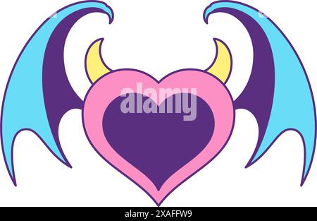 Y2K Evil vampire bat Heart avec des cornes et des ailes à la mode groovy style icône illustration plate vectorielle. Élément de bande dessinée anti Saint-Valentin et Love Illustration de Vecteur