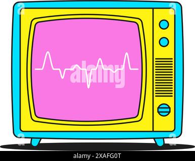 Y2K téléviseur rétro cassé avec onde numérique sur l'élément de dessin animé groovy style icône illustration plate vectorielle. Télévision vintage avec chaînes câblées large Illustration de Vecteur
