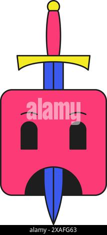 Émoji triste carré avec épée abstraite psychédélique groovy icône vectorielle illustration plate. Surréaliste personnage de dessin animé Halloween drôle mascotte comique emo Illustration de Vecteur