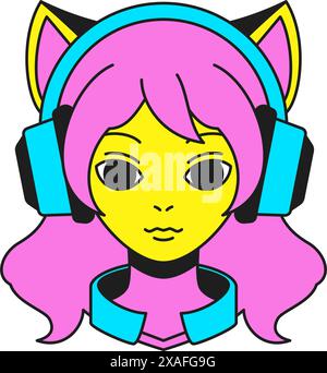 Y2K adolescent chat féminin dans des écouteurs DJ gamer personnage de dessin animé groovy icône vecteur plat illustration. Fille surréaliste avec des oreilles d'animaux portant des écouteurs lis Illustration de Vecteur