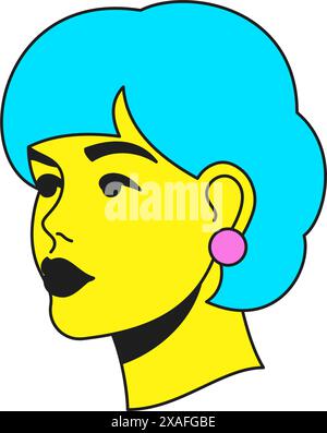 Y2K beauté femme mode portrait de dessin animé personnage groovy style icône vectorielle plat illustration. Beau visage féminin avec boucles d'oreilles et cheveux courts Illustration de Vecteur