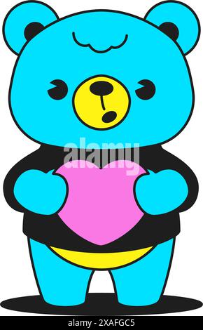 Y2K bébé ours jouet avec coeur comique personnage de dessin animé groovy style icône vectorielle plat illustration. Mignon petit jouet en peluche avec symbole de l'amour Valen Illustration de Vecteur