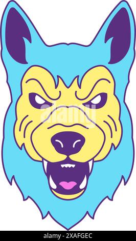 Y2K psychédélique Angry Wolf Muzzle comique personnage de dessin animé groovy style icône vecteur plat illustration. Tête d'animal sauvage agressive prédateur canin funk Illustration de Vecteur