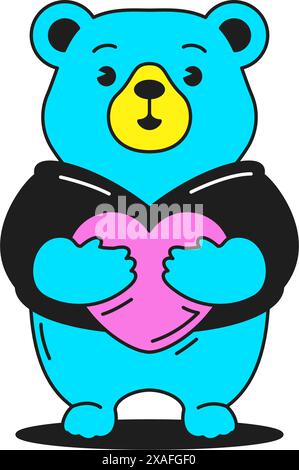 Y2K jouet ours mignon avec cœur amour comique personnage de dessin animé groovy style icône illustration plate vectorielle. Jouet drôle en peluche en veste avec SY romantique Illustration de Vecteur