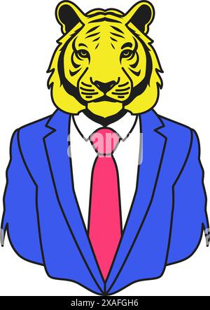 Y2K tigre psychédélique en costume comique homme d'affaires dessin animé personnage groovy icône vecteur plat illustration. Homme d'affaires animal sauvage surréaliste mode funky Illustration de Vecteur