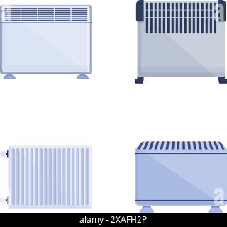 Les icônes de chauffage définissent le vecteur de dessin animé. EQUIPEMENT pour fournir de la chaleur à domicile. Dispositif de chauffage Illustration de Vecteur