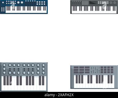 Les icônes de synthé définissent le vecteur de dessin animé. Synthétiseur techno électromusical. Instrument de musique Illustration de Vecteur