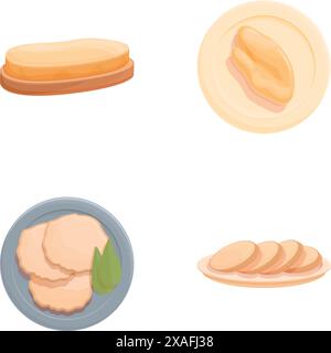 Les icônes de viande de pâté définissent le vecteur de dessin animé. Plat traditionnel de foie gras. Cuisine française Illustration de Vecteur