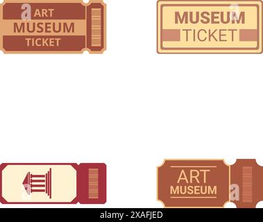 Les icônes de billet d'exposition définissent le vecteur de dessin animé. Billet musée d'histoire ou Concept de divertissement Illustration de Vecteur