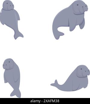 Illustration de quatre lamantins de dessin animé ludiques dans diverses poses, isolés sur blanc Illustration de Vecteur