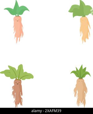 Collection de quatre personnages mandrake mignons et colorés isolés sur un fond blanc Illustration de Vecteur