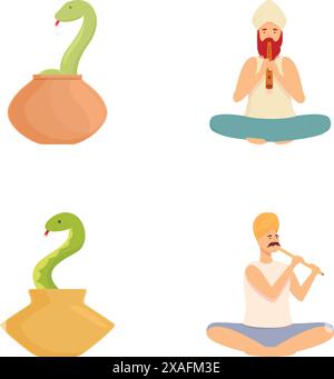 Collection de quatre illustrations vectorielles colorées présentant des thèmes de yoga et de méditation, y compris un charmeur de serpents Illustration de Vecteur