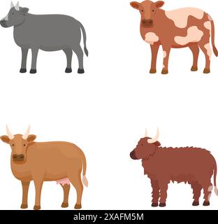 Collection de quatre vaches de dessin animé différentes dans un style de design plat, adapté aux graphiques éducatifs et agricoles Illustration de Vecteur