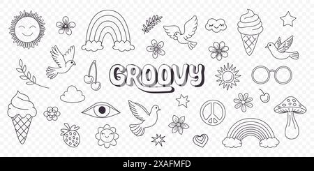 Vector Vintage noir et blanc Groovy icônes, éléments de conception pour affiche, conception d'autocollant. Symbole rétro dans le style hippie des années 70, champignon, fleurs, oeil Illustration de Vecteur