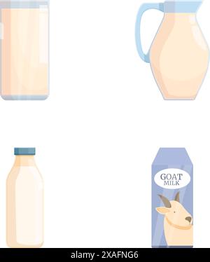 Ensemble de quatre contenants de lait comprenant un verre, une cruche, une bouteille et un carton avec étiquette de lait de chèvre Illustration de Vecteur