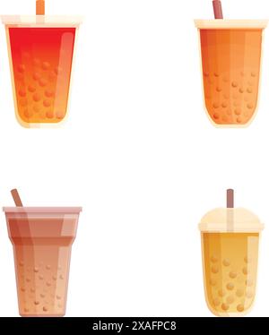 Ensemble de quatre illustrations colorées de thé à bulles, présentant différentes saveurs et styles Illustration de Vecteur