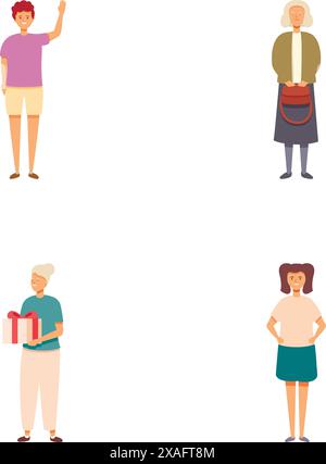 Collection de quatre personnages illustrés avec diverses tenues et poses Illustration de Vecteur