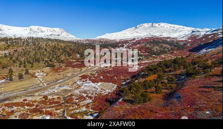 Vue aérienne du volcan Copahue vu du côté de Caviahue Banque D'Images