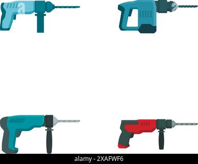 Icônes vectorielles représentant quatre perceuses électriques différentes dans un style de conception plate Illustration de Vecteur