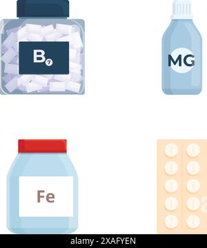 Ensemble vectoriel de vitamines et minéraux supplémentaires bore, magnésium, fer et pilules Illustration de Vecteur