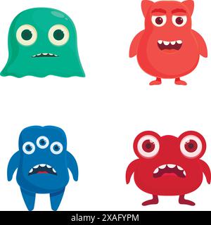 Collection de quatre personnages de monstre de dessin animé mignons et vibrants avec différentes expressions Illustration de Vecteur