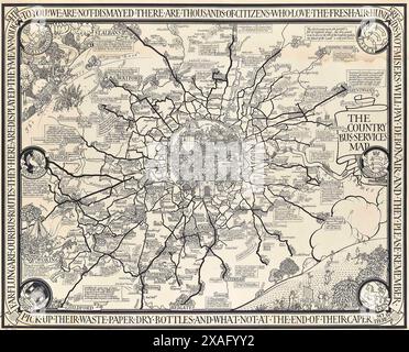 Affiche vintage de Londres par Macdonald Gill : la carte des services de bus du pays, 1928 Banque D'Images