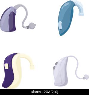 Illustration de quatre types différents d'aides auditives dans un style épuré et minimaliste Illustration de Vecteur