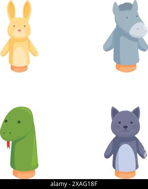 Collection de quatre adorables marionnettes à doigts en forme d'animaux de bande dessinée isolés sur blanc Illustration de Vecteur