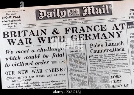 Le haut de la première page du Daily mail (réplique) 4 septembre 1939, sur le déclenchement de la seconde Guerre mondiale. Banque D'Images