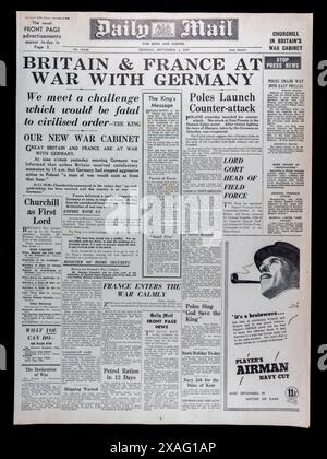 La première page du Daily mail (réplique) 4 septembre 1939, sur le déclenchement de la seconde Guerre mondiale. Banque D'Images