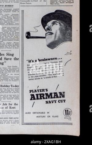 Publicité pour Player's Airman Navy Cut cigarettes dans le Daily mail (réplique) 4 septembre 1939, sur le déclenchement de la seconde Guerre mondiale. Banque D'Images