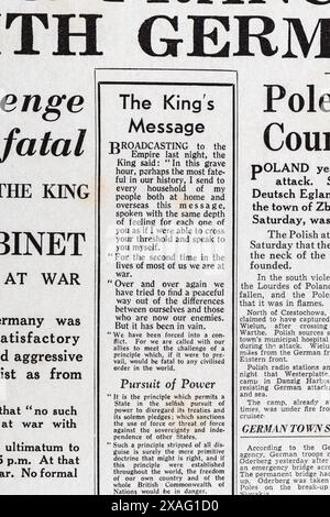 'The Kings message' sur la première page du Daily mail (réplique) 4 septembre 1939, sur le déclenchement de la seconde Guerre mondiale. Banque D'Images