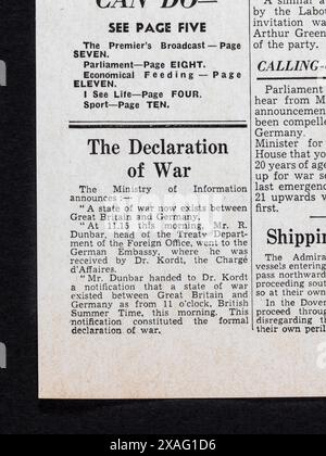 Annonce officielle de 'la Déclaration de guerre' sur la première page du Daily mail (réplique) le 4 septembre 1939, sur le déclenchement de la seconde Guerre mondiale. Banque D'Images