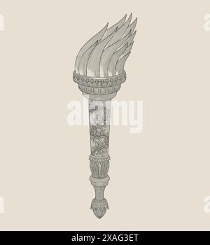 Ancienne torche avec flamme brûlante et ornement floral, illustration de style de dessin de gravure vintage Illustration de Vecteur
