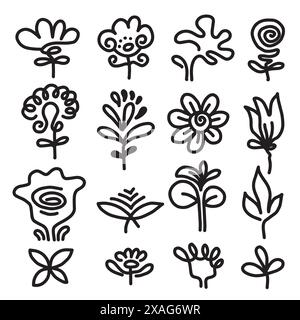 une collection d'images de fleurs dessinées à la main telles que des chrysanthèmes, des tournesols, des fleurs de coton et des feuilles tropicales Illustration de Vecteur