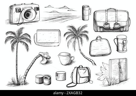 éléments liés aux vacances, plage, palmiers Illustration de Vecteur