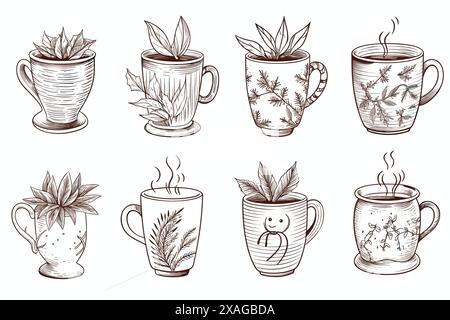 tasse de café, thé. Esquisser sur fond transparent Illustration de Vecteur